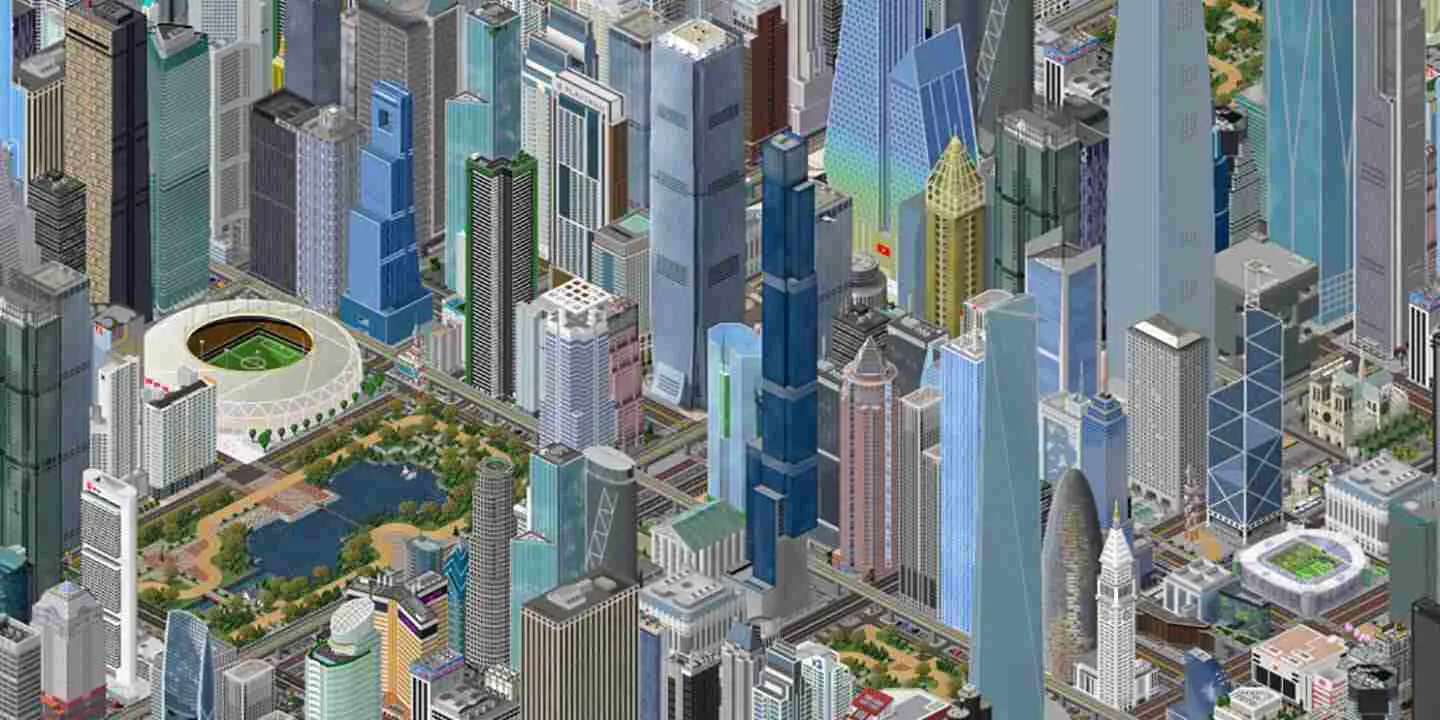 Ảnh 3 của Tải game TheoTown Mod APK 1.11.95a (Vô Hạn Kim Cương) Giao diện quản lý thành phố trong TheoTown, hiển thị các công trình và khu vực