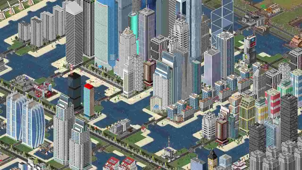 Ảnh 4 của Tải game TheoTown Mod APK 1.11.95a (Vô Hạn Kim Cương) Cận cảnh một phần thành phố TheoTown với hệ thống đường sá và tòa nhà