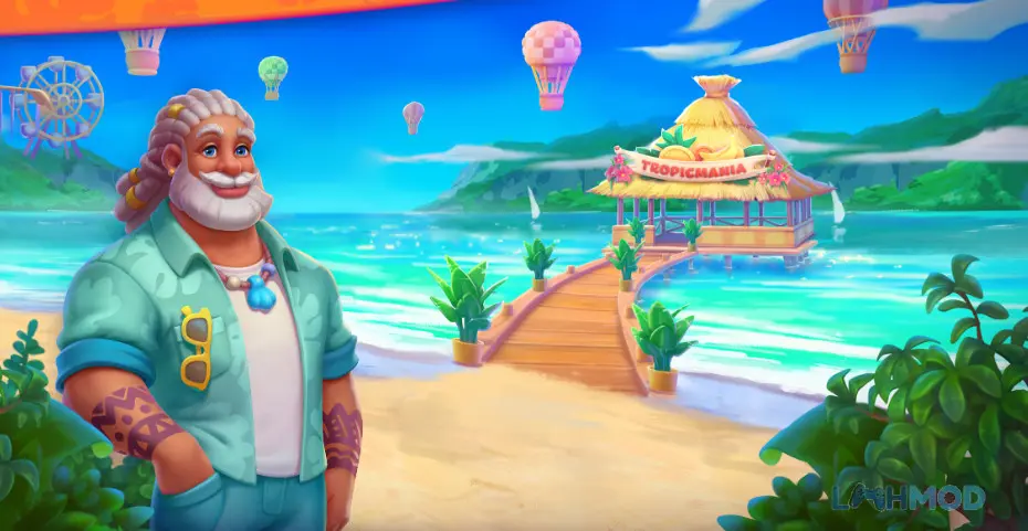Ảnh 3 của Tải Tropicmania Mod Apk 60.0.0 (Vô hạn tiền,Stars,Lives)) cho Android iOs Alt text mô tả tổng quan hòn đảo nhiệt đới với cây cối và biển xanh, có một con đường dẫn đến các khu vực khác