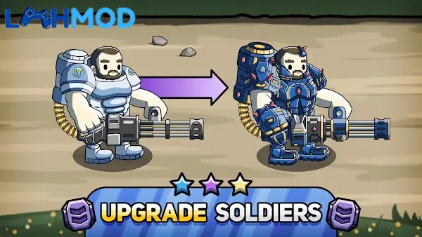 Ảnh 1 của WBF:World Battle of the Future MOD APK 1.1 (Mua miễn phí) Alt text mô tả một khu vực chiến trường với các đơn vị quân đội đang giao tranh trong game