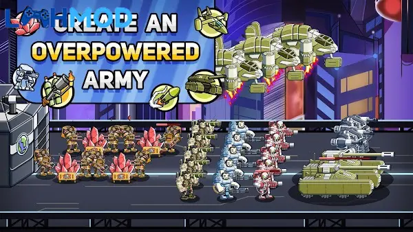 Ảnh 2 của WBF:World Battle of the Future MOD APK 1.1 (Mua miễn phí) Alt text mô tả giao diện chiến đấu trong WBF: World Battle of the Future với các đơn vị đang tiến công
