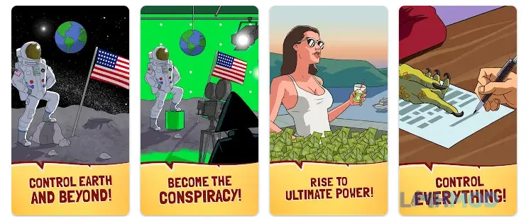 Ảnh 2 của Tải We Are Illuminati Mod Apk 3.1.9 (Free phần thưởng) cho Android iOs Giao diện game We Are Illuminati: Conspiracy với các biểu tượng âm mưu.