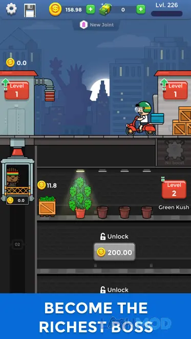 Ảnh 1 của Tải Weed Factory Idle Mod Apk 2.9.1 (Mua sắm miễn phí) cho Android iOs Giao diện quản lý tầng hầm sản xuất cây trong Weed Factory Idle Mod