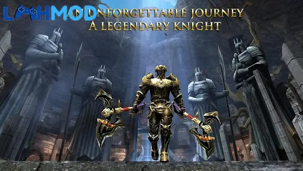 Ảnh 3 của Wild Blood MOD APK 1.1.5 (Vô hạn tiền) cho Android iOS Sir Lancelot đứng giữa một chiến trường đổ nát với kiếm trên tay