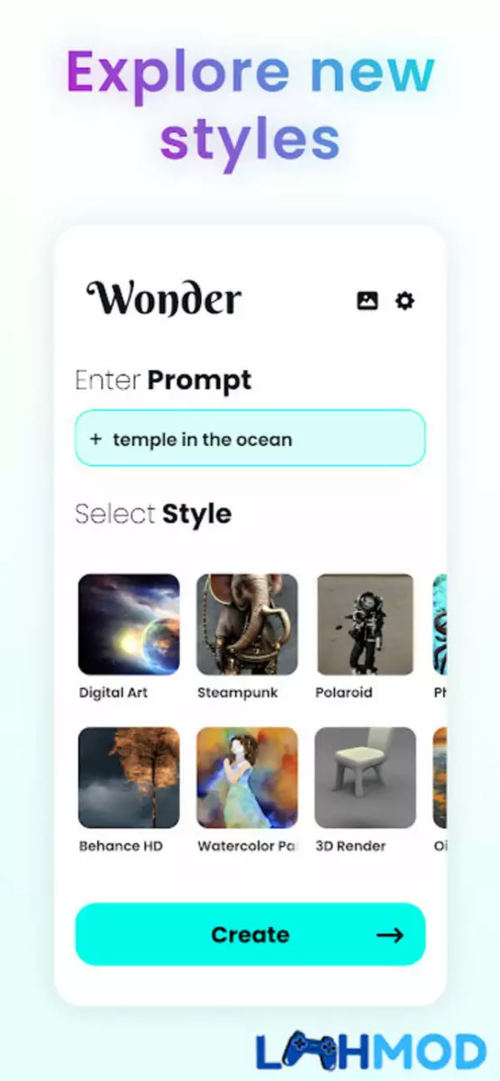 Ảnh 3 của Wonder – AI Art Generator Apk 1.5.0 cho Android, IOS Màn hình sáng tạo trong Wonder AI Art Generator với các tùy chọn phong cách