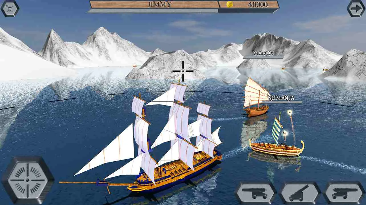 Ảnh 3 của Tải game World Of Pirate Ships Mod APK 4.4 (Vô Hạn Tiền) Thuyền cướp biển đang di chuyển và khai hỏa trong môi trường đại dương