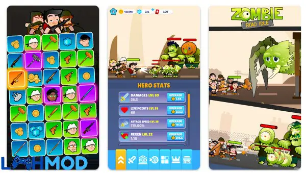 Ảnh 1 của Zombie Road Idle MOD APK 0.3.9 (Vô hạn gem) Android Cảnh game Zombie Road Idle với chiếc xe đang cán zombie trên đường cao tốc bị phá hủy