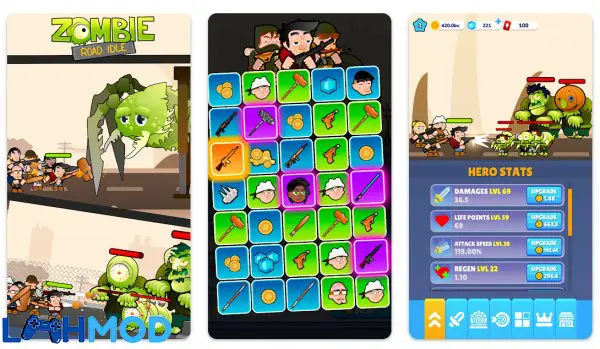 Ảnh 2 của Zombie Road Idle MOD APK 0.3.9 (Vô hạn gem) Android Giao diện chọn xe và nâng cấp trong Zombie Road Idle