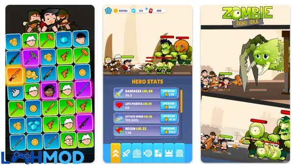 Ảnh 3 của Zombie Road Idle MOD APK 0.3.9 (Vô hạn gem) Android Chiếc xe được nâng cấp mạnh mẽ trong Zombie Road Idle đang đối đầu với zombie khổng lồ