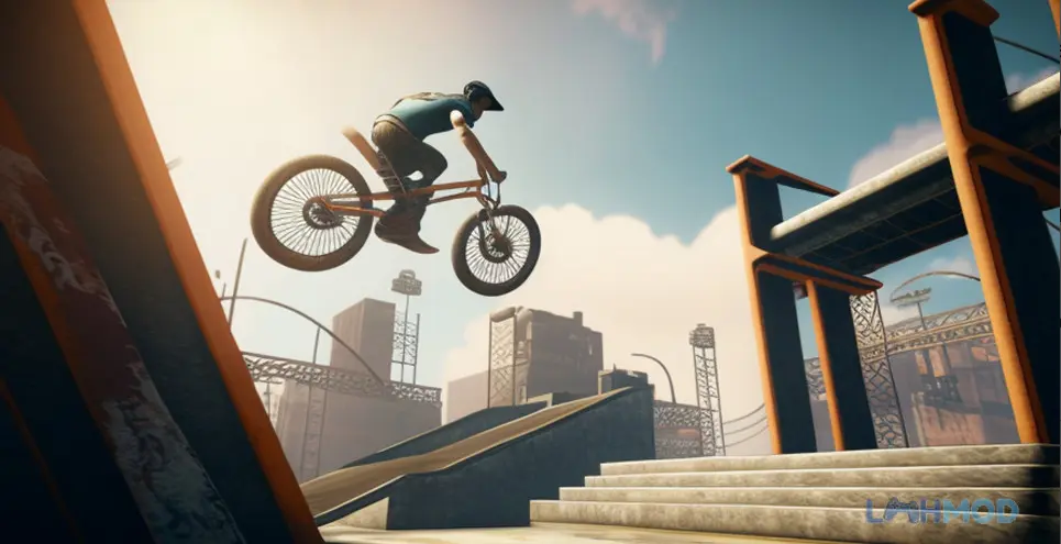 Ảnh 4 của BMX Megaramp Stunts Apk 2.0 Một vận động viên BMX đang thực hiện động tác xoay 360 độ trên không