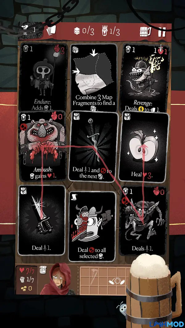 Ảnh 1 của Card Crawl Adventure Mod Apk 134 (Mod mọi nội dung) Giao diện chơi game Card Crawl Adventure với các lá bài được sắp xếp