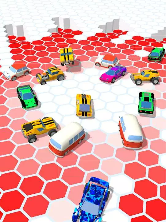 Ảnh 5 của Cars Arena: Fast Race 3D Mod APK 1.51 (Menu, Vô Hạn Tiền) Cảnh xe đua đang đâm vào nhau trên bản đồ lục giác trong Cars Arena: Fast Race 3D