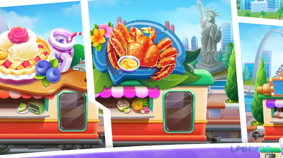 Ảnh 3 của Cooking Train Mod Apk 1.2.50 (Vô Hạn Tiền) Khách hàng đang thưởng thức các món ăn trên Cooking Train Mod