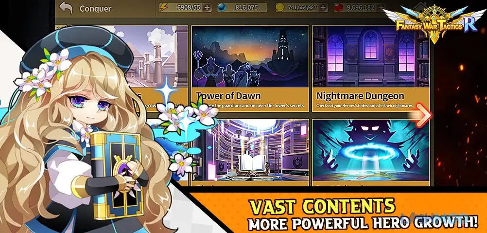 Ảnh 4 của Tải Fantasy War Tactics R Apk 0.637 cho Android iOs Ba anh hùng đang đứng cạnh nhau, cho thấy sự đa dạng trong tạo hình nhân vật của game