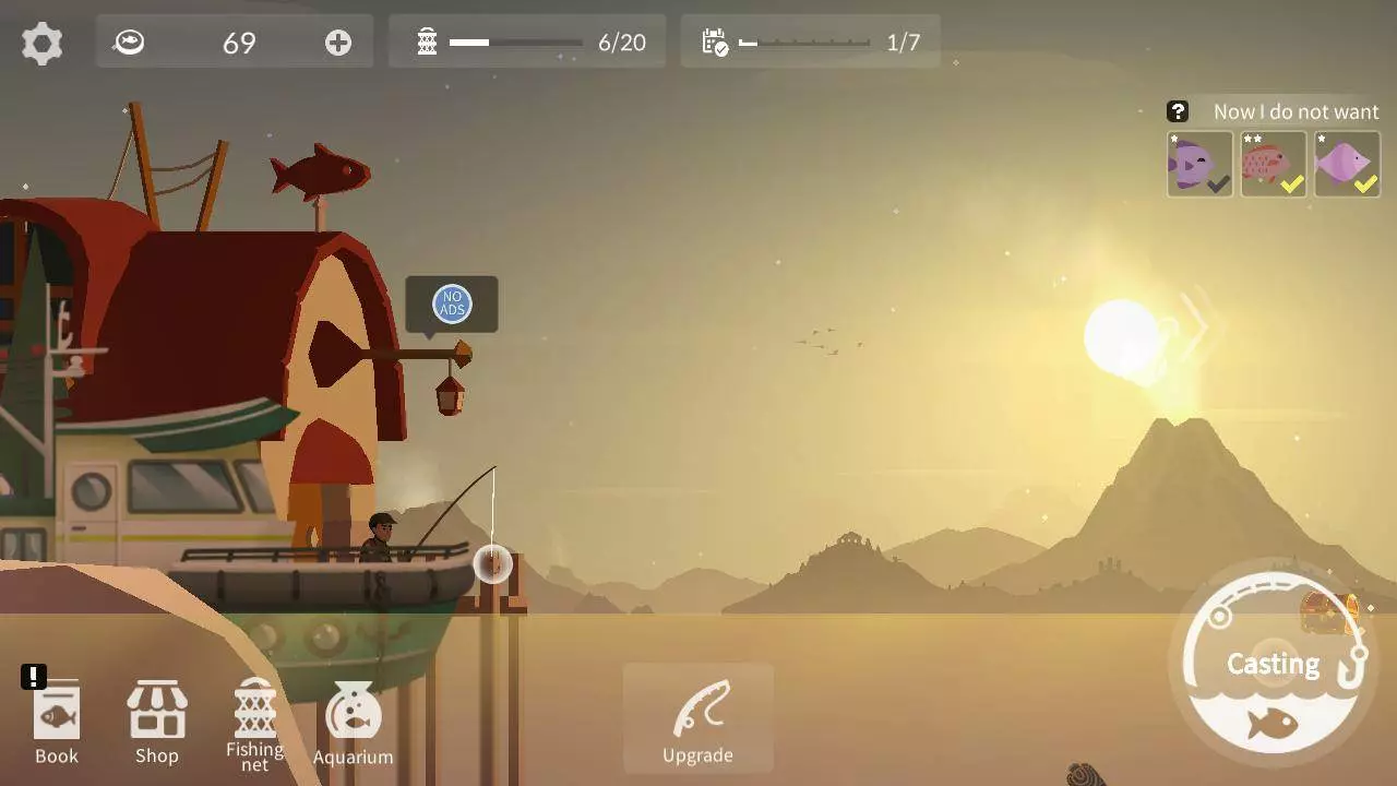 Ảnh 2 của Tải Fishing Life Mod APK v0.0.267(Vô Hạn Tiền) Alt text mô tả một ngư dân đang ngồi trên thuyền câu cá giữa đại dương bao la, ánh hoàng hôn buông xuống