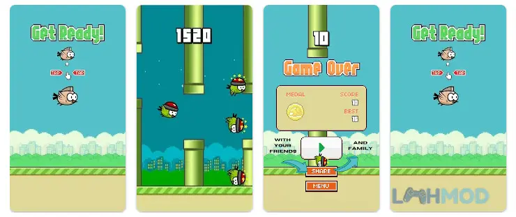 Ảnh 2 của Tải Flappy Bird Crash Apk v2 cho Android iOs Gameplay của Flappy Bird Crash hiển thị chú chim bay qua các ống cống xanh