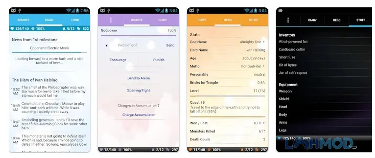 Ảnh 2 của Tải Godville Apk 8.4.4 cho Android iOs Giao diện chính game Godville với hình ảnh anh hùng và các dòng nhật ký