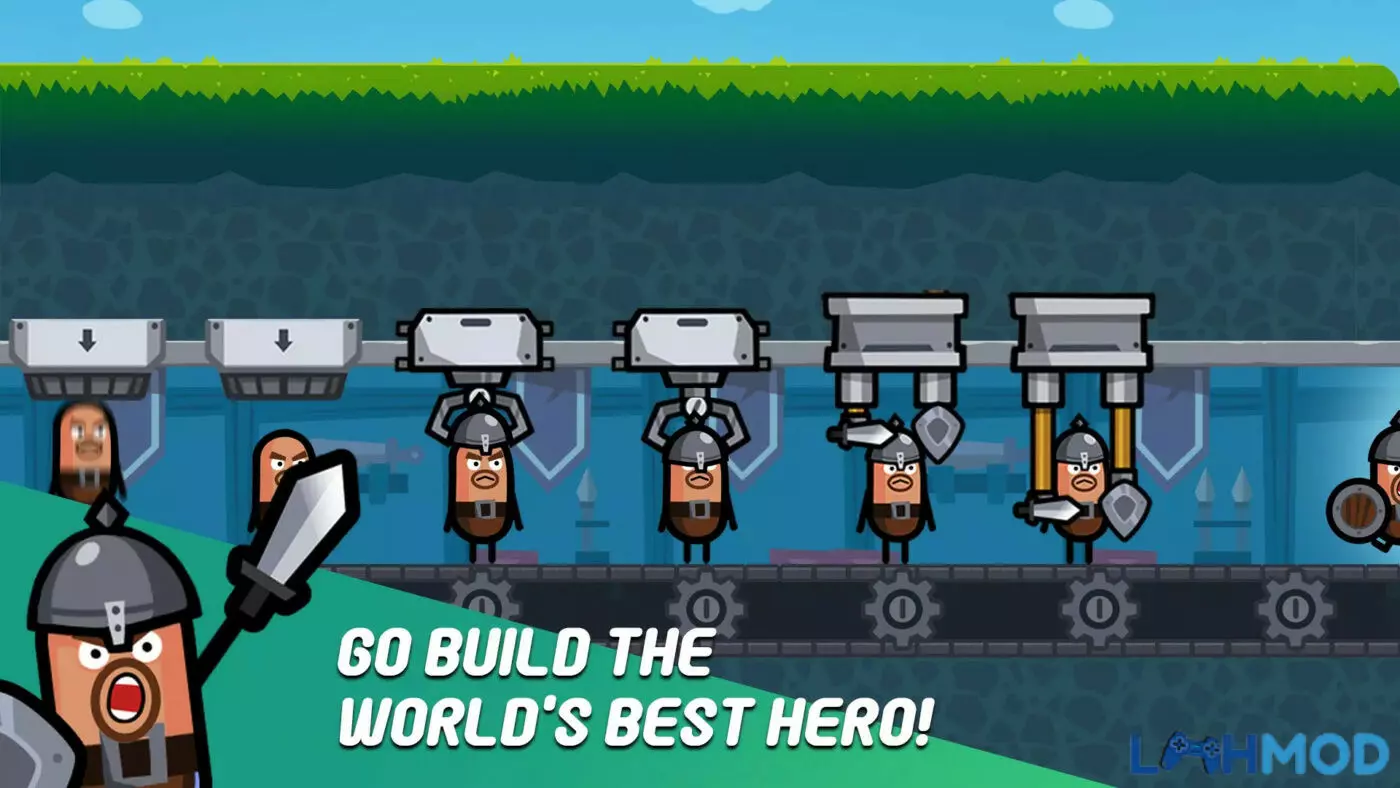 Ảnh 3 của Tải Hack Hero Factory (Mod Vô Hạn Tiền, Full Kim Cương) V3.1.37 Alt text: Các siêu anh hùng xúc xích với nhiều màu sắc khác nhau trong dây chuyền sản xuất của nhà máy