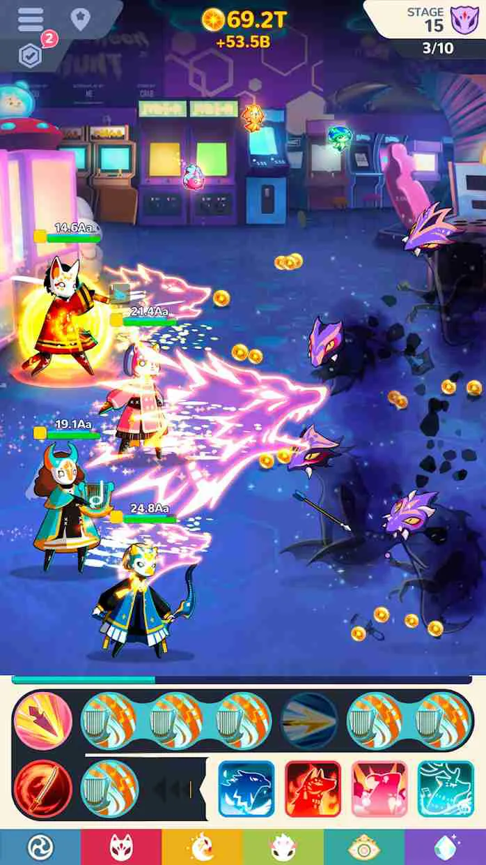 Ảnh 2 của Tải Masketeers Mod APK 3.5.1 (Menu, One Hit, God Mode) Cảnh chiến đấu trong Masketeers Idle Has Fallen với các nhân vật sử dụng kỹ năng