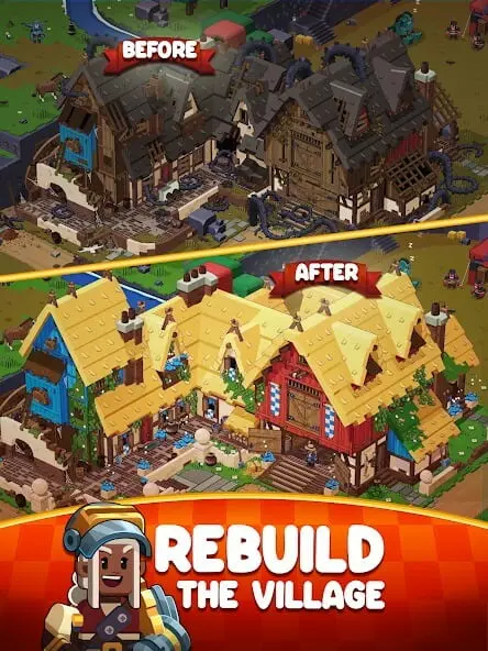 Ảnh 3 của Medieval Merge Mod APK 1.38.1 (Vô hạn tiền) Minh họa nhân vật nữ chiến binh và giao diện game Medieval Merge