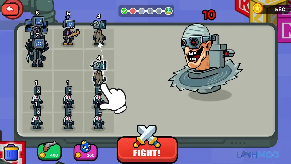 Ảnh 1 của Tải Merge War Monster Fight Apk 2.1.9 cho Android iOs Giao diện chiến đấu trong Merge War Monster Fight với các quái vật hợp nhất