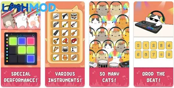 Ảnh 1 của Musicat! – Cat Music Game APK v1.4.8.0 cho Android iOS Giao diện Musicat! – Cat Music Game với mèo đang cắt khối nhịp điệu