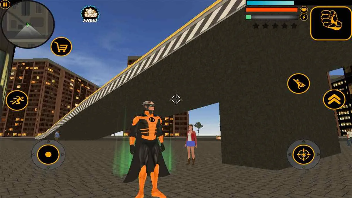 Ảnh 2 của Tải game Naxeex Superhero Mod APK 2.3.5 (Thêm điểm nâng cấp) Nhân vật Naxeex Superhero đang bay lượn giữa các tòa nhà thành phố