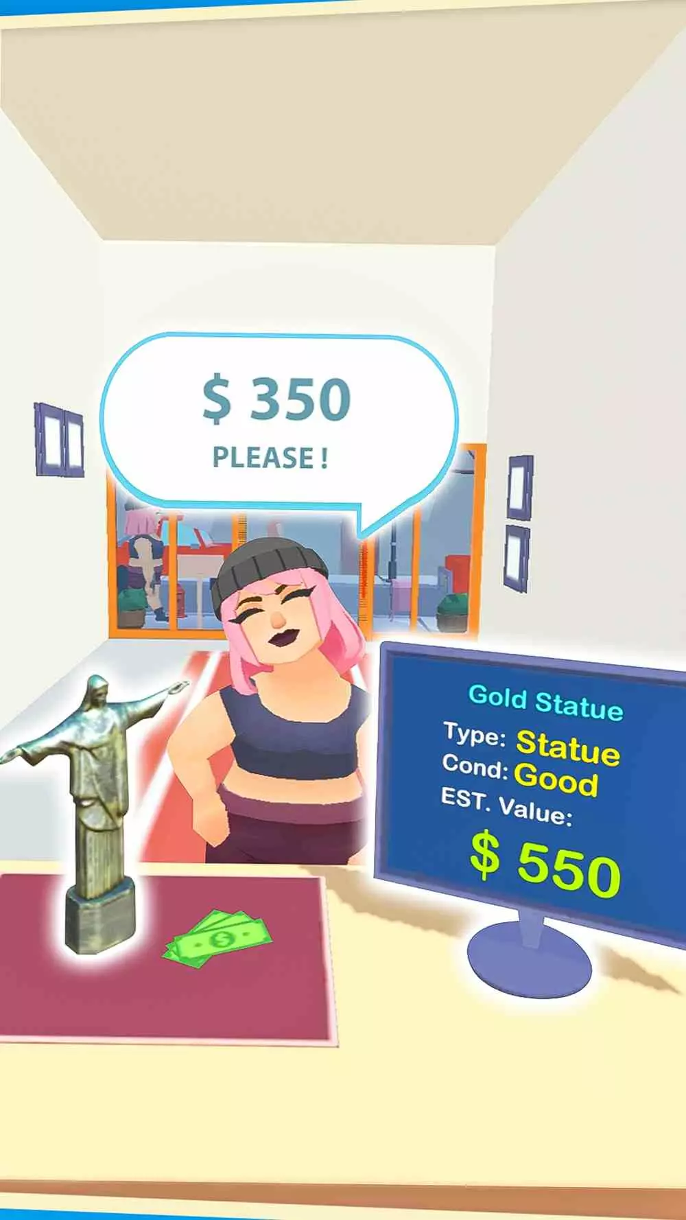 Ảnh 3 của Tải game Pawn Shop Master Mod APK 0.67 (Menu, Vô Hạn Tiền) Khung cảnh tiệm cầm đồ trong Pawn Shop Master Mod với khách hàng đang giao dịch
