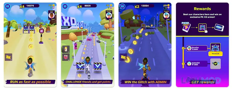 Ảnh 2 của Tải PKXD Runner Mod Apk 0.2.3 (Vô hạn Coins/Gems) cho Android iOs Alt text mô tả nhân vật PKXD Runner đang né tránh những chướng ngại vật màu hồng và xanh trên đường đua trong game