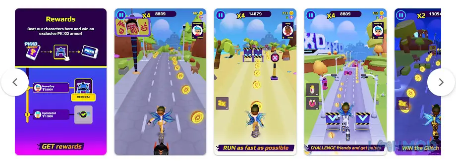 Ảnh 3 của Tải PKXD Runner Mod Apk 0.2.3 (Vô hạn Coins/Gems) cho Android iOs Alt text mô tả hai nhân vật game PKXD Runner đang chạy trên một đường đua phức tạp với nhiều bục và chướng ngại vật
