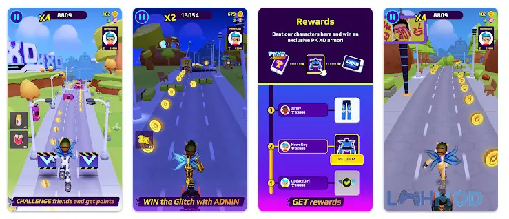 Ảnh 4 của Tải PKXD Runner Mod Apk 0.2.3 (Vô hạn Coins/Gems) cho Android iOs Alt text mô tả cảnh nhân vật game PKXD Runner đang nhảy qua một chướng ngại vật hình tròn lớn màu vàng trên đường đua