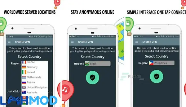 Ảnh 1 của Shuttle VPN MOD APK 2.6.1 (Mở khóa Pro) Android iOS Giao diện chính của ứng dụng Shuttle VPN với nút kết nối nhanh