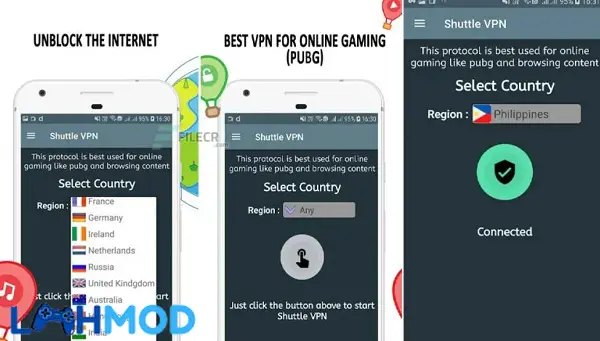 Ảnh 2 của Shuttle VPN MOD APK 2.6.1 (Mở khóa Pro) Android iOS Danh sách các máy chủ quốc gia có sẵn trong Shuttle VPN