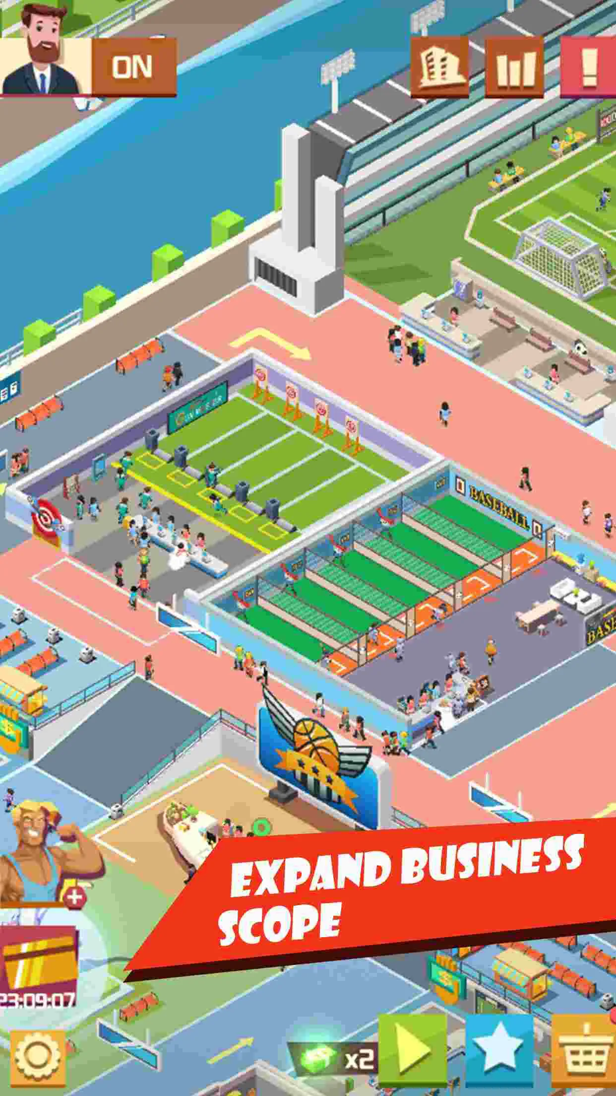 Ảnh 5 của Tải game Sim Sports City Mod APK 1.1.1 (Vô hạn tiền) Alt text mô tả tính năng chơi cùng bạn bè và mở rộng bản đồ trong Sim Sports City
