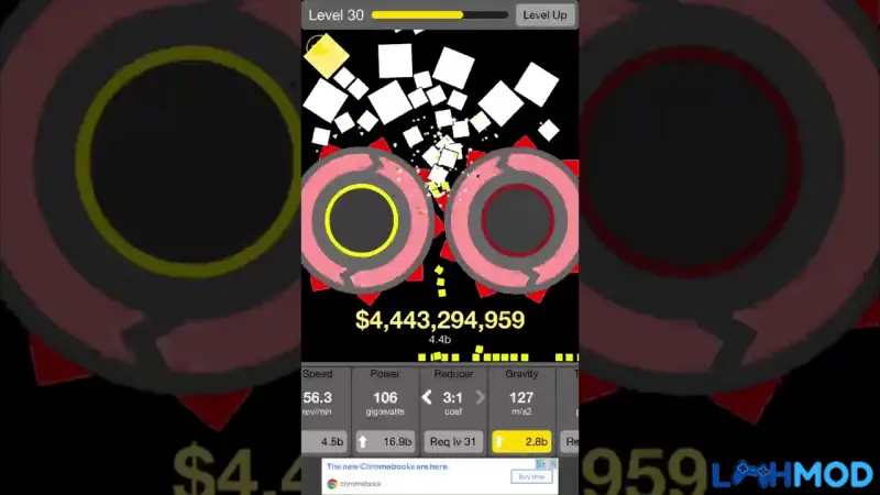 Ảnh 1 của Tải Will it Crush? Mod Apk 1.6.5 (Vô hạn kim cương) Màn hình gameplay Will it Crush? với bánh răng đang nghiền khối vuông