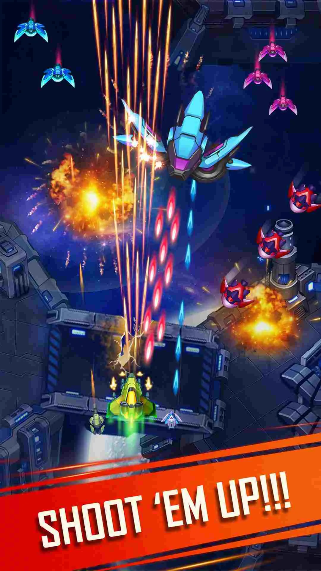 Ảnh 3 của WindWings: Space Shooter Premium Mod APK v1.3.108 (Vô hạn tiền, năng lượng) Hình ảnh một phi thuyền màu đỏ đang chiến đấu trong không gian