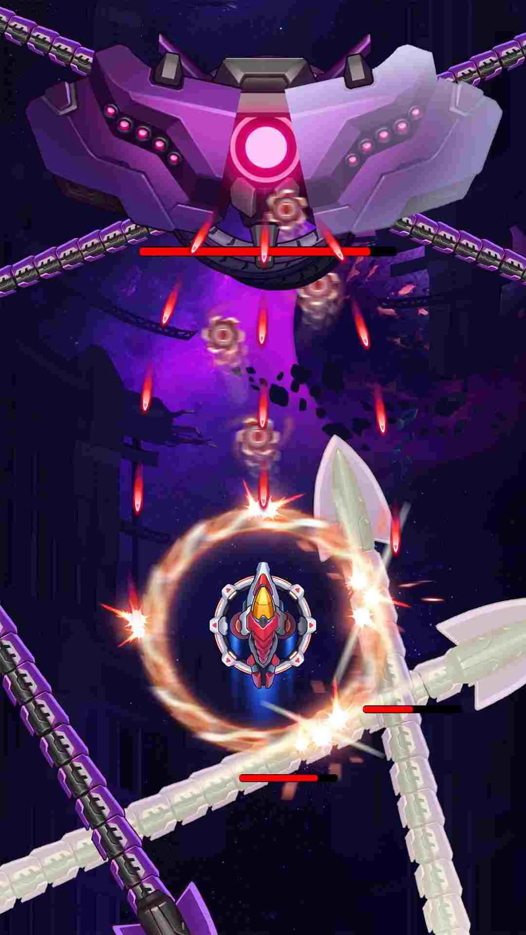 Ảnh 4 của WindWings: Space Shooter Premium Mod APK v1.3.108 (Vô hạn tiền, năng lượng) Nhiều phi thuyền khác nhau đậu trong một bãi đáp không gian
